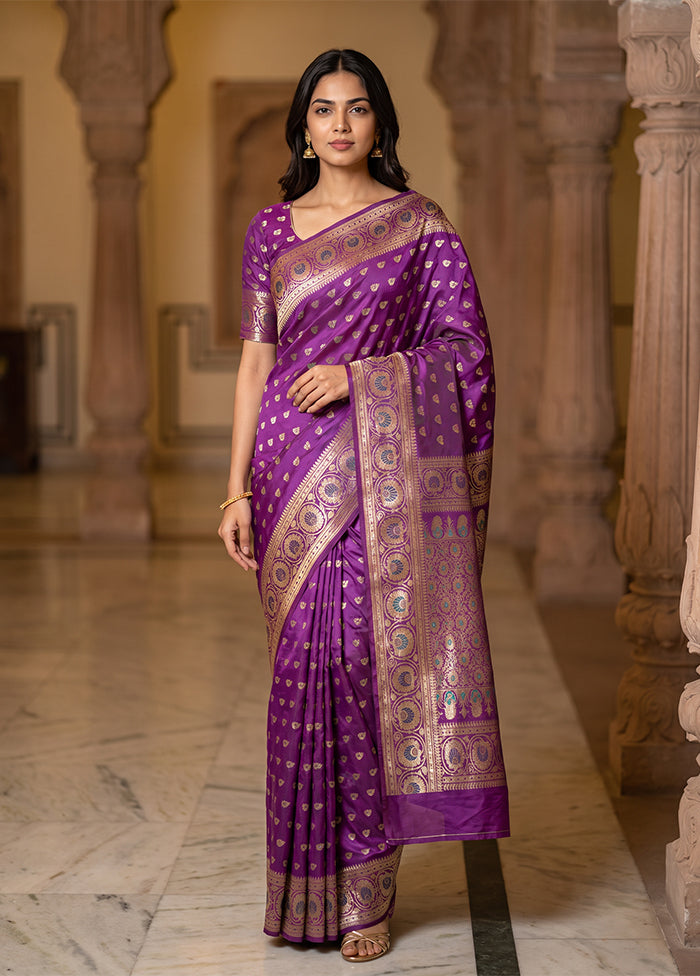 Purple Handloom Baluchari Pure Silk Saree With Blouse Piece