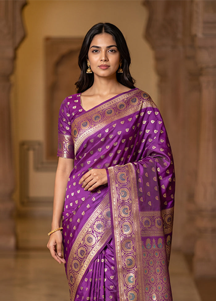 Purple Handloom Baluchari Pure Silk Saree With Blouse Piece