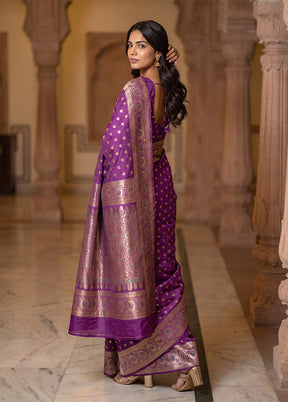 Purple Handloom Baluchari Pure Silk Saree With Blouse Piece