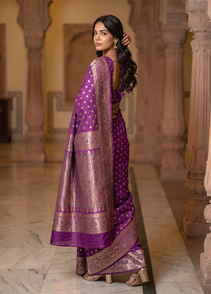Purple Handloom Baluchari Pure Silk Saree With Blouse Piece