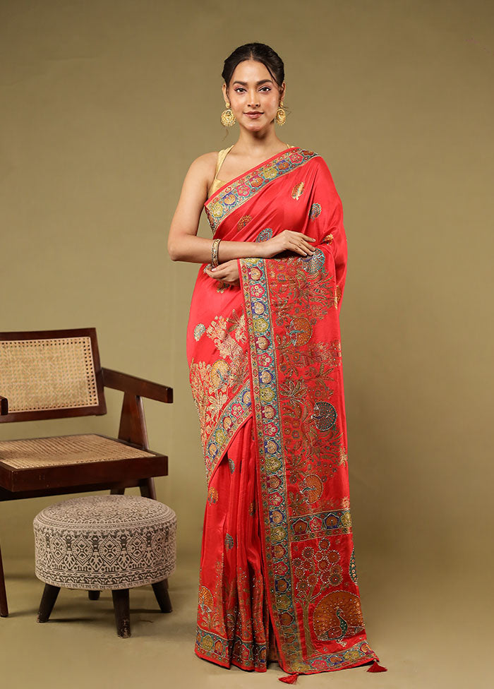 Red Handloom Pure Georgette Saree With Blouse Piece