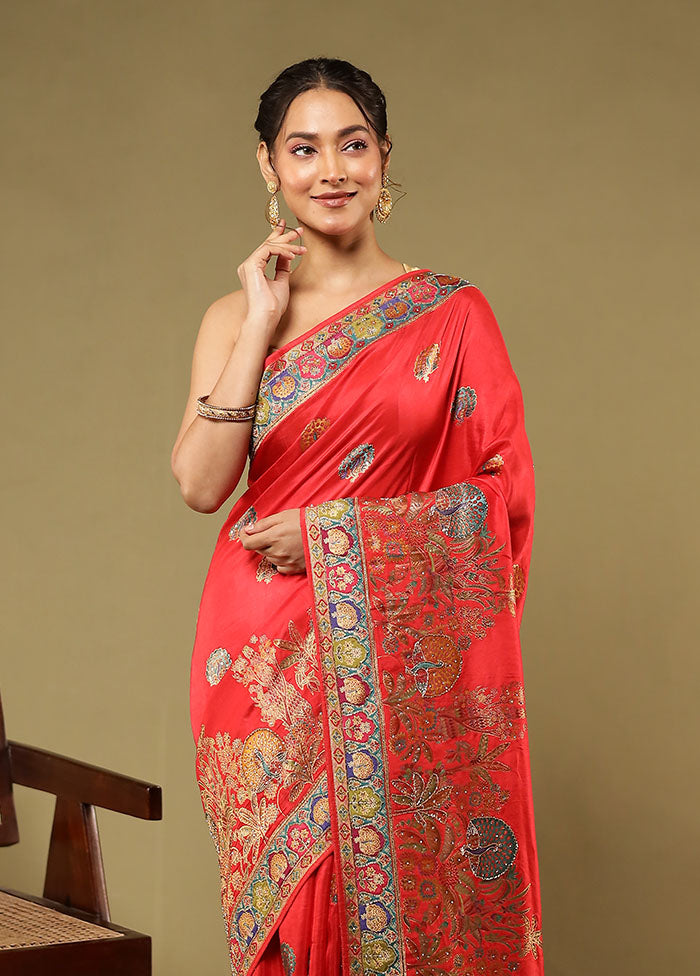 Red Handloom Pure Georgette Saree With Blouse Piece