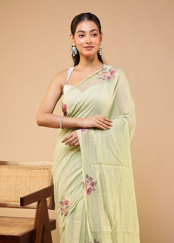 Green Handloom Pure Cotton Saree With Blouse Piece