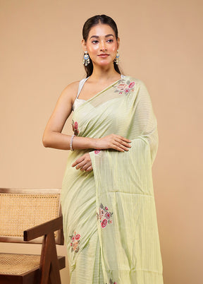 Green Handloom Pure Cotton Saree With Blouse Piece