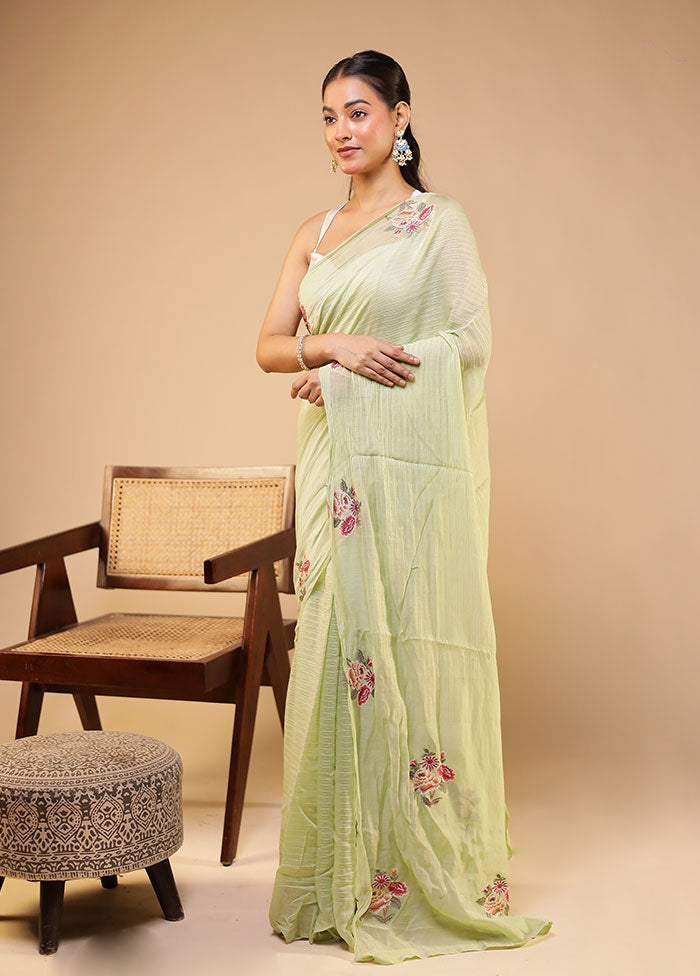 Green Handloom Pure Cotton Saree With Blouse Piece
