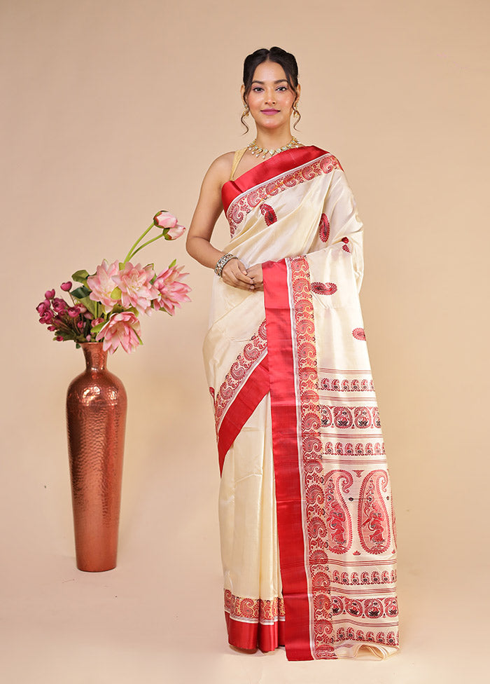 Cream Garad Pure Silk Saree Without Blouse Piece