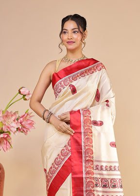 Cream Garad Pure Silk Saree Without Blouse Piece