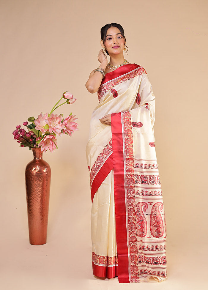 Cream Garad Pure Silk Saree Without Blouse Piece
