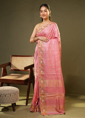Pink Handloom Tussar Pure Silk Saree With Blouse Piece