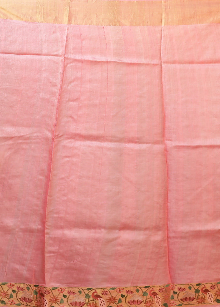 Pink Handloom Tussar Pure Silk Saree With Blouse Piece