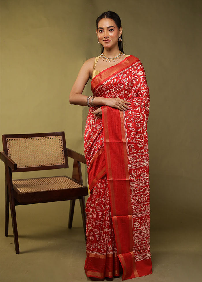 Red Chanderi Cotton Saree With Blouse Piece