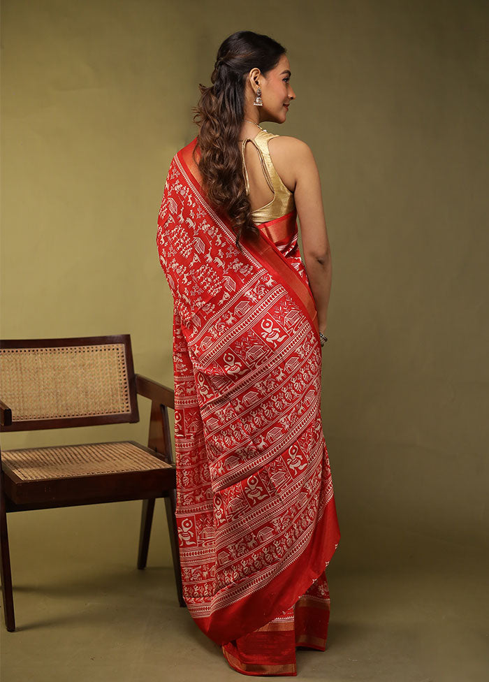 Red Chanderi Cotton Saree With Blouse Piece