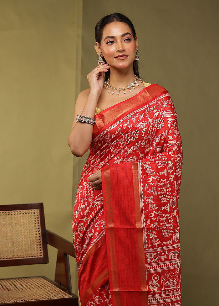 Red Chanderi Cotton Saree With Blouse Piece