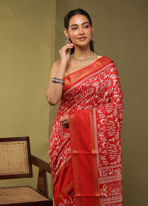 Red Chanderi Cotton Saree With Blouse Piece