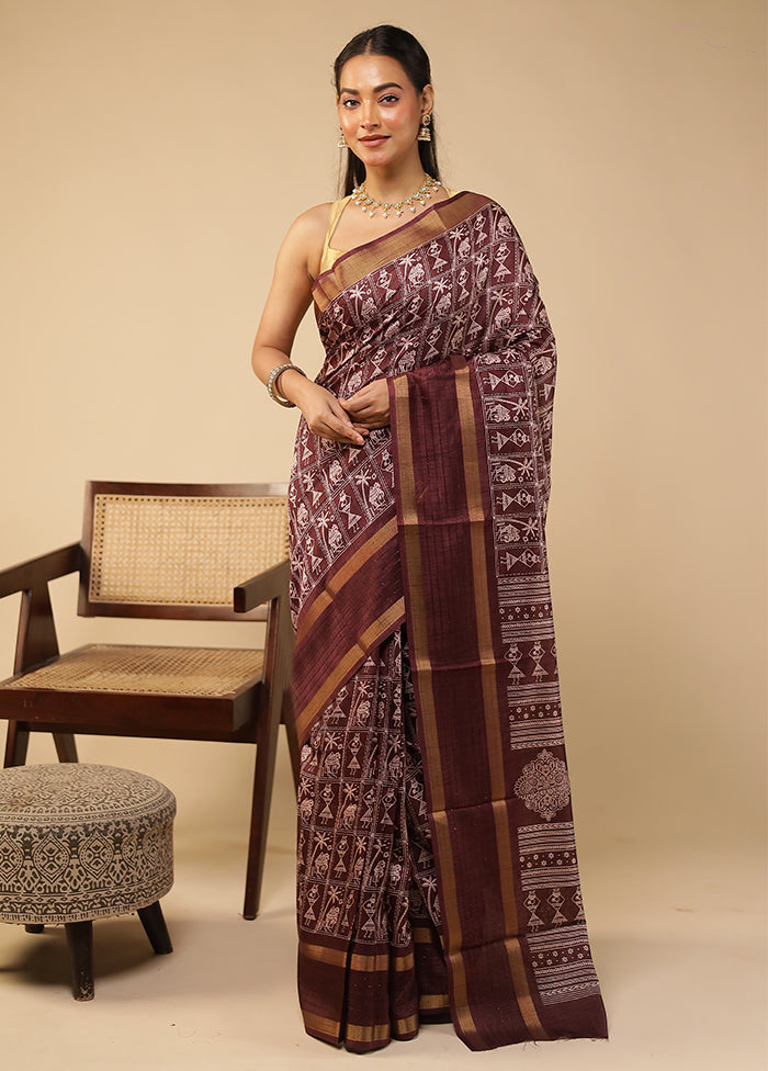 Brown Chanderi Cotton Saree With Blouse Piece