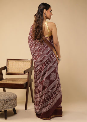 Brown Chanderi Cotton Saree With Blouse Piece