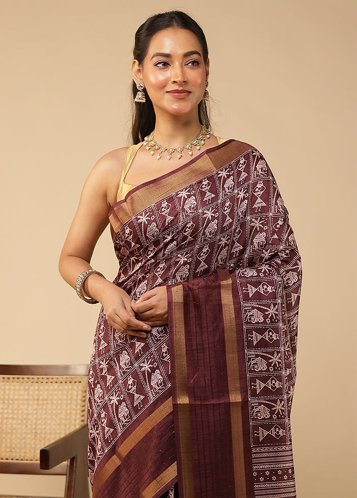 Brown Chanderi Cotton Saree With Blouse Piece