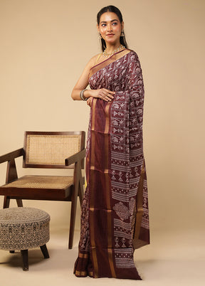 Brown Chanderi Cotton Saree With Blouse Piece