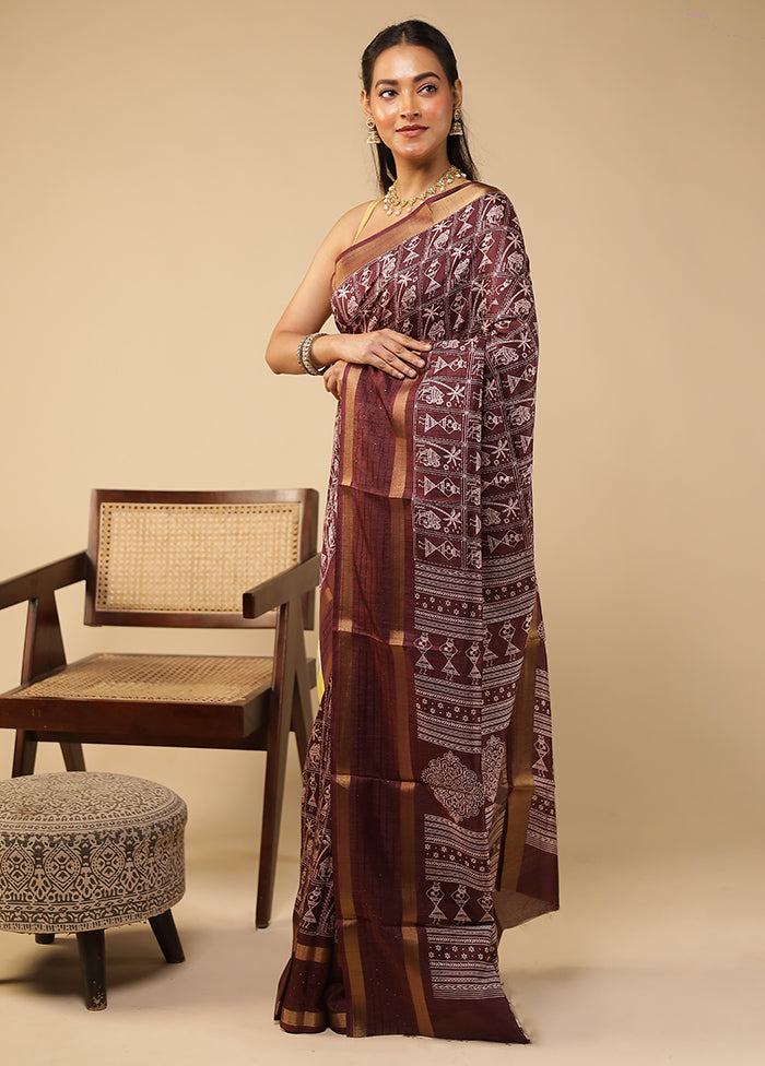 Brown Chanderi Cotton Saree With Blouse Piece