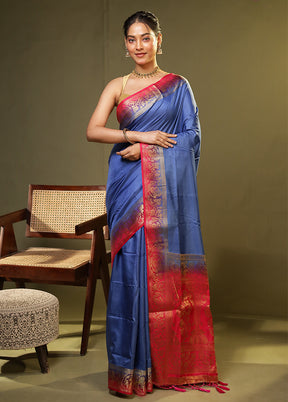Blue Dupion Silk Saree With Blouse Piece