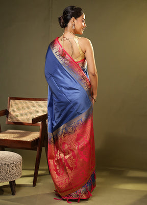 Blue Dupion Silk Saree With Blouse Piece