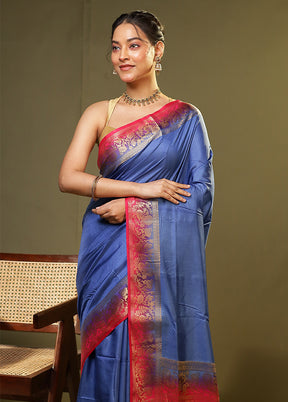 Blue Dupion Silk Saree With Blouse Piece