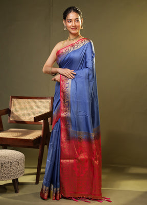 Blue Dupion Silk Saree With Blouse Piece