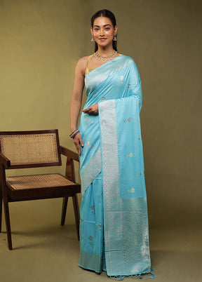 Blue Dupion Silk Saree With Blouse Piece