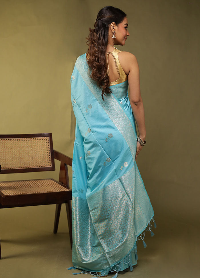 Blue Dupion Silk Saree With Blouse Piece
