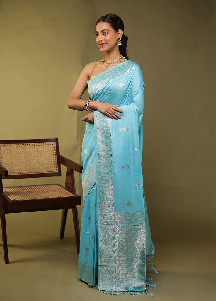 Blue Dupion Silk Saree With Blouse Piece