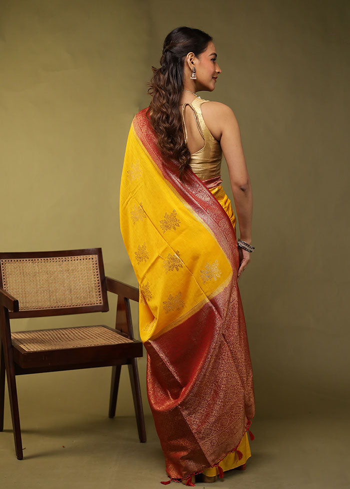 Yellow Dupion Silk Saree With Blouse Piece