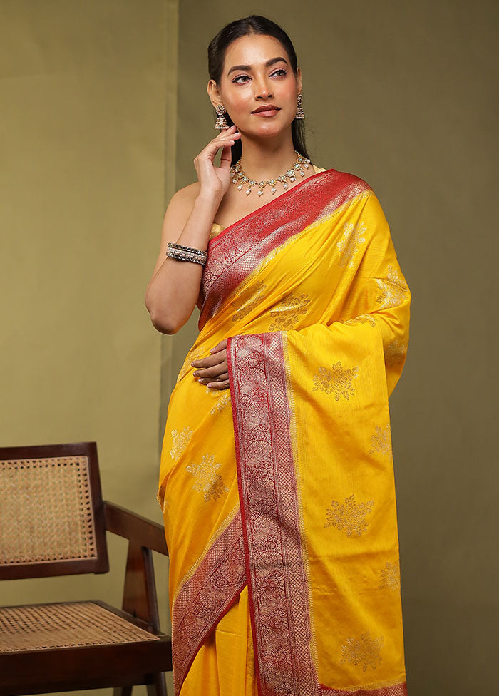 Yellow Dupion Silk Saree With Blouse Piece