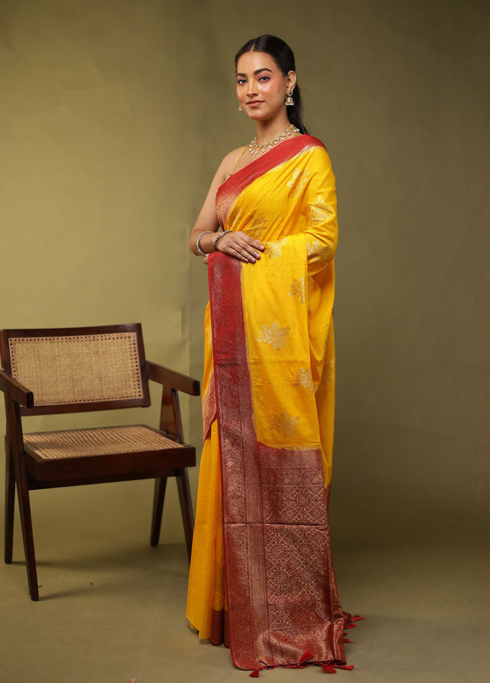 Yellow Dupion Silk Saree With Blouse Piece