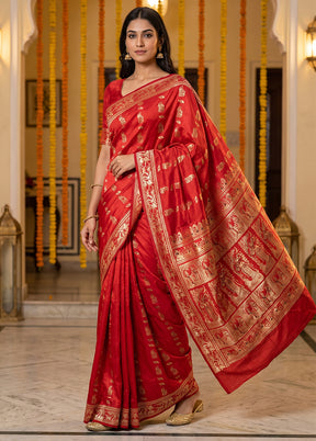 Red Handloom Baluchari Pure Silk Saree With Blouse Piece