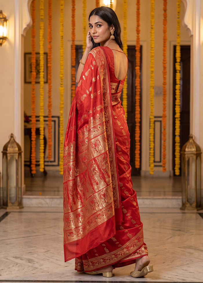 Red Handloom Baluchari Pure Silk Saree With Blouse Piece
