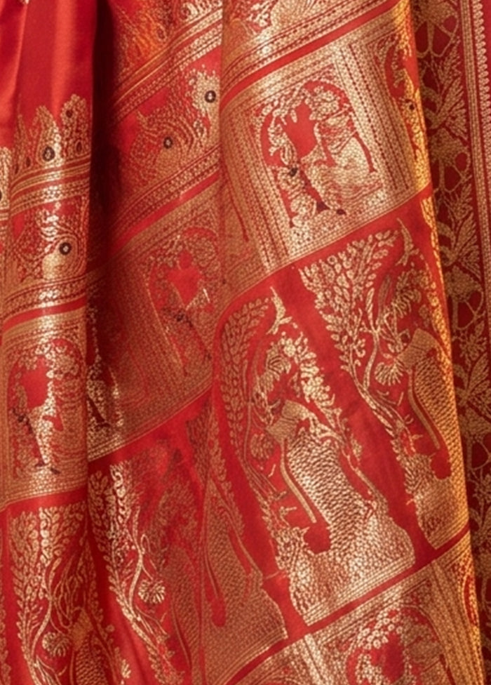 Red Handloom Baluchari Pure Silk Saree With Blouse Piece