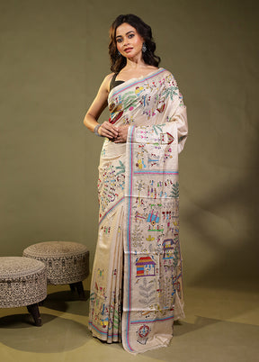 Cream Handloom Kantha Stitch Pure Silk Saree With Blouse Piece