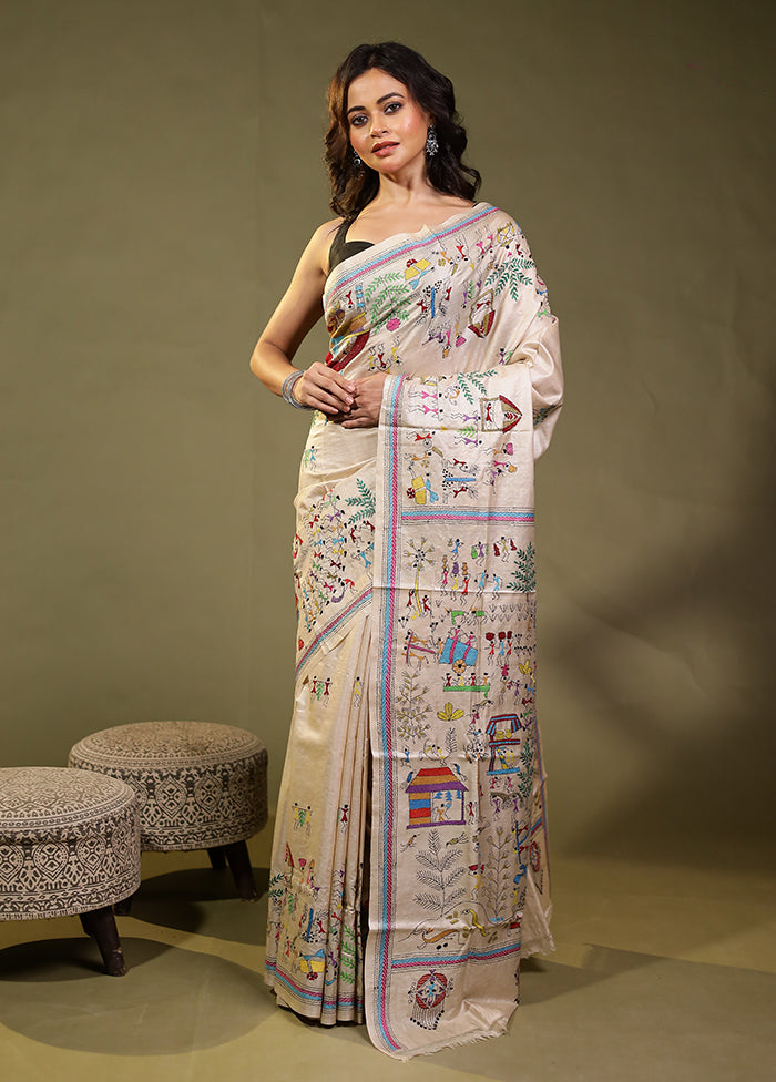 Cream Handloom Kantha Stitch Pure Silk Saree With Blouse Piece