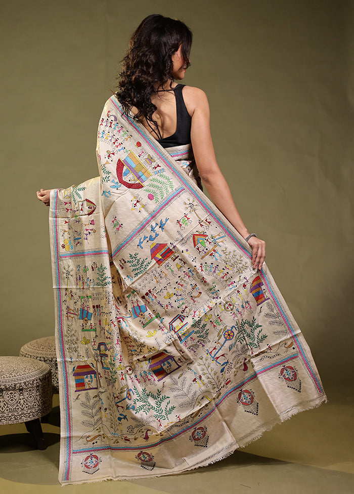 Cream Handloom Kantha Stitch Pure Silk Saree With Blouse Piece