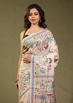 Cream Handloom Kantha Stitch Pure Silk Saree With Blouse Piece