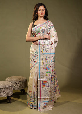 Cream Handloom Kantha Stitch Pure Silk Saree With Blouse Piece