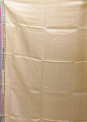 Cream Handloom Kantha Stitch Pure Silk Saree With Blouse Piece
