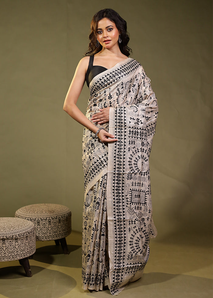 Cream Handloom Kantha Stitch Pure Silk Saree With Blouse Piece