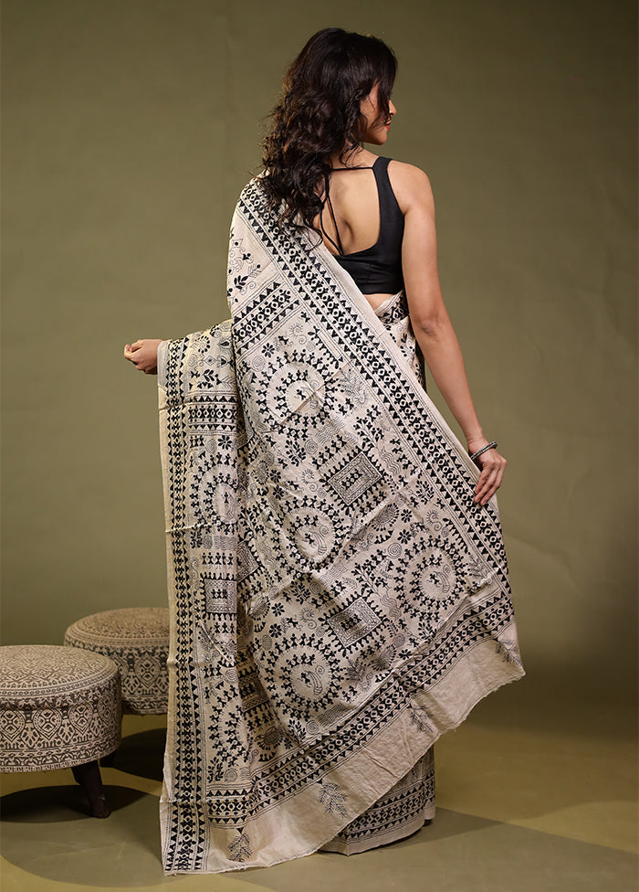 Cream Handloom Kantha Stitch Pure Silk Saree With Blouse Piece