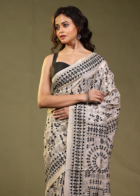 Cream Handloom Kantha Stitch Pure Silk Saree With Blouse Piece