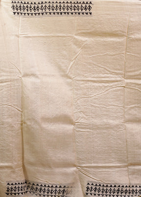 Cream Handloom Kantha Stitch Pure Silk Saree With Blouse Piece