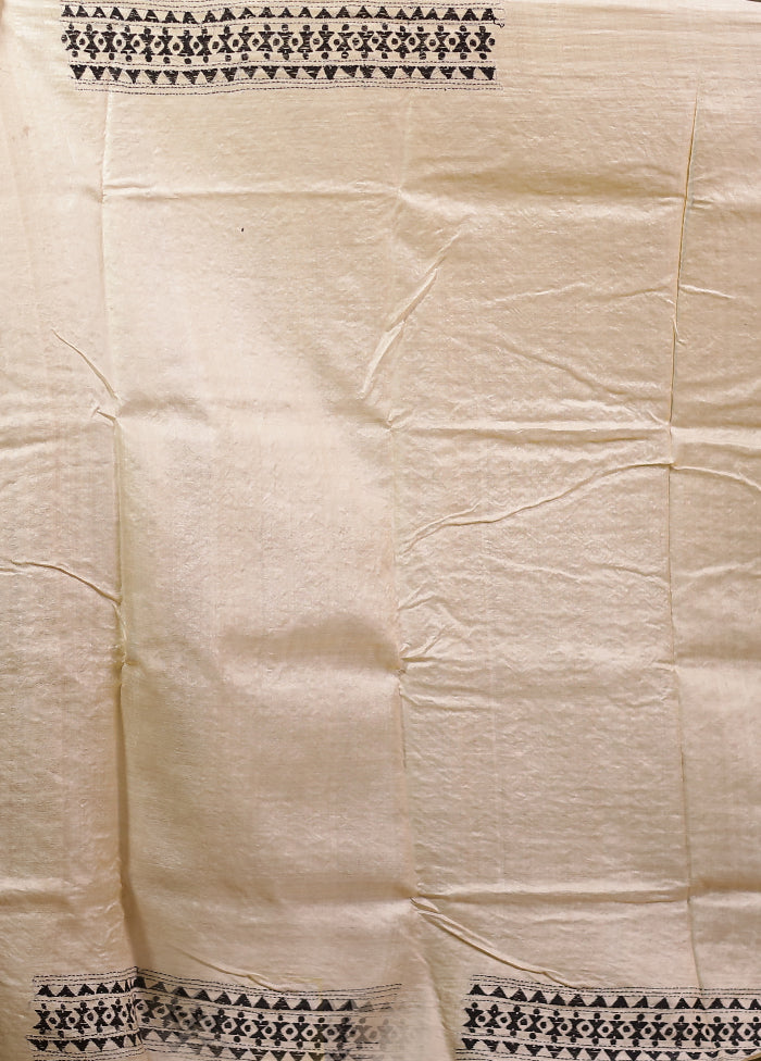 Cream Handloom Kantha Stitch Pure Silk Saree With Blouse Piece