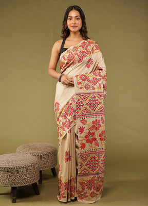 Cream Handloom Kantha Stitch Pure Silk Saree With Blouse Piece