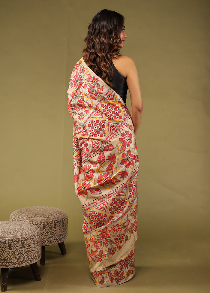 Cream Handloom Kantha Stitch Pure Silk Saree With Blouse Piece