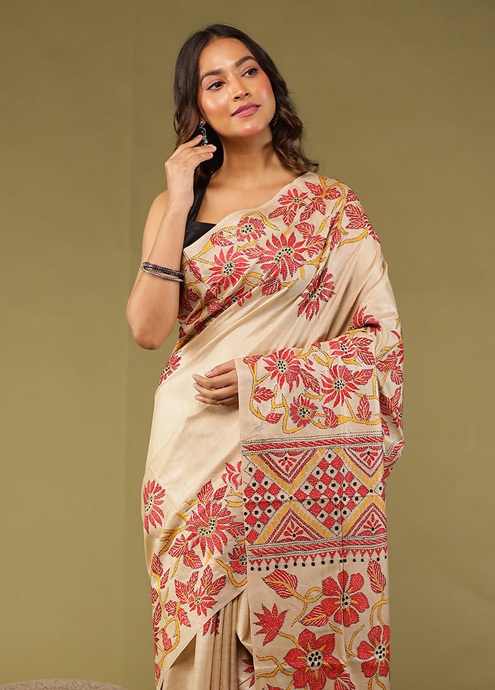 Cream Handloom Kantha Stitch Pure Silk Saree With Blouse Piece